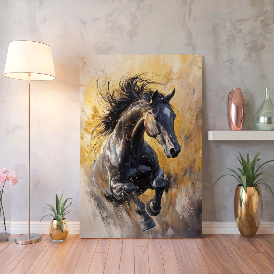 Galloping Black Horse Canvas Wall Art : Dynamic Equestrian Print - Etsy