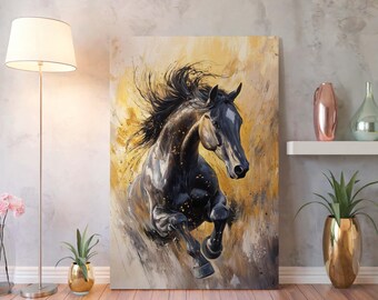 Galloping Black Horse Canvas Wall Art : Dynamic Equestrian Print