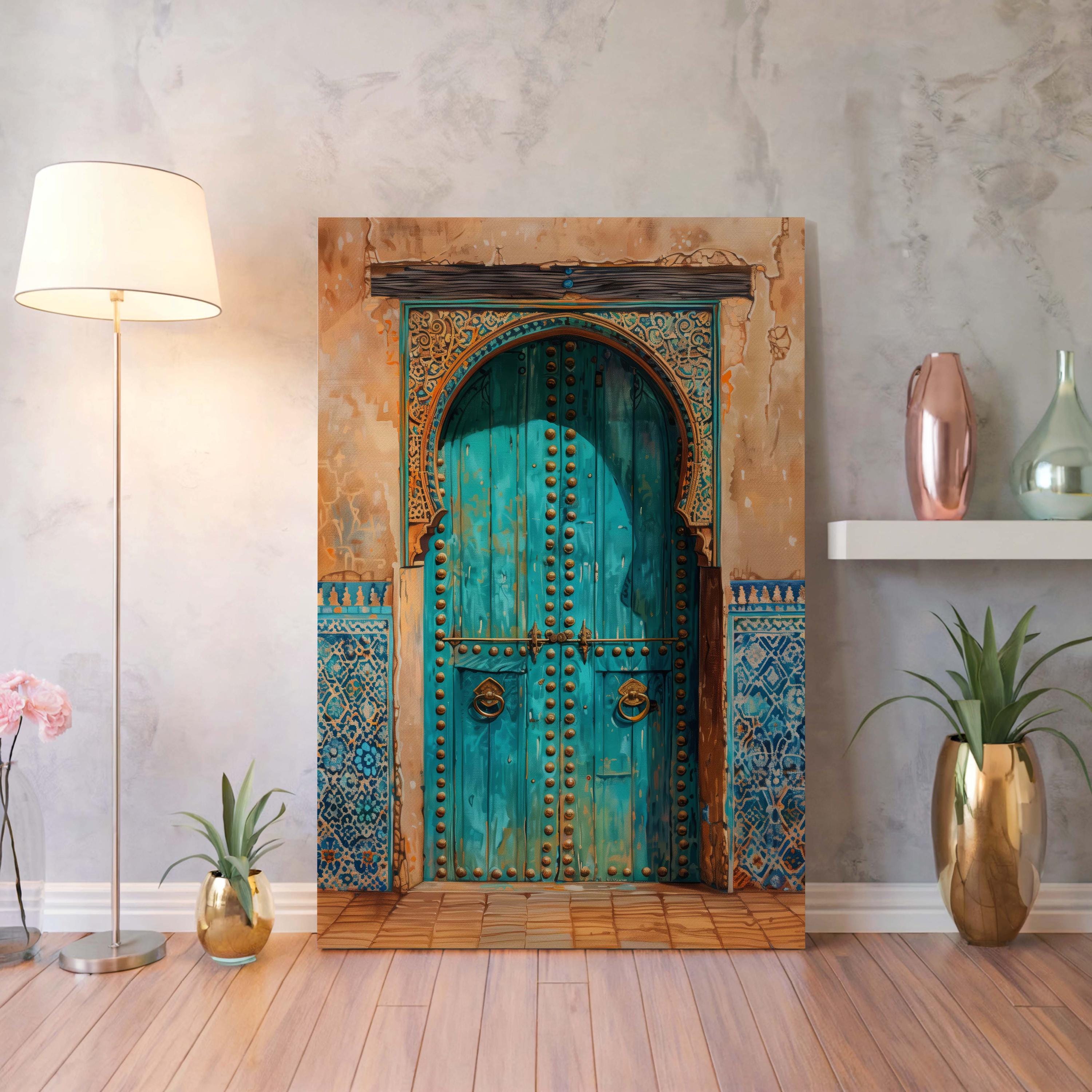 Turquoise Door Canvas Print, Blue Rustic Moroccan Wall Art for