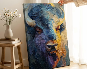 Colorful Bison Portrait Canvas Print - Abstract Buffalo Animal Wall Art - Modern Rustic Cabin Decor