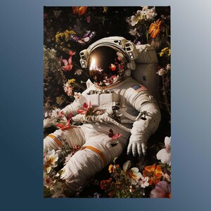 Astronaut in Blooming Flowers Canvas Wall Art