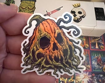 Doomed Tendril Pumpkin Sticker | Freaky Pumpkins #2 | 3 Inch Laminated Halloween Art