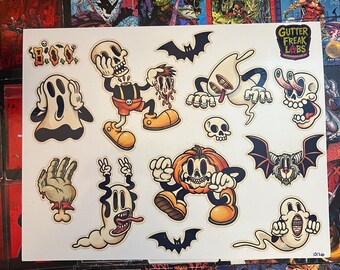Retro Halloween Kiss Cut Sticker Sheet – Rubber Hose Ghosts, Skeletons & Pumpkins