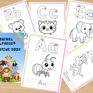 ABC Malbuch, Lerntier Alphabet Malbuch, Sonderanfertigungen, Digital Printable, Baby-Dusche-Aktivitätenbuch, ABC-Kinderbuch