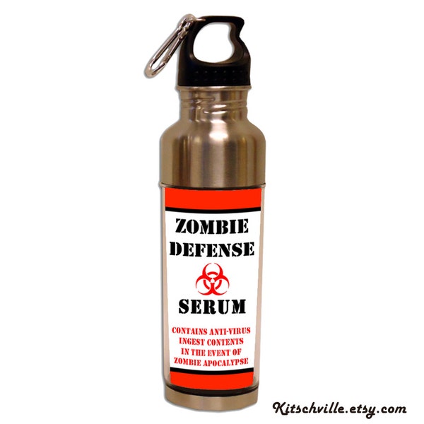 Funny Water Bottle ~ Zombie Apocalypse Defense ~ Fun Stainless Steel Gift for Horror Movie, Video Game, Gamer, Goth Fans. Teens, Students