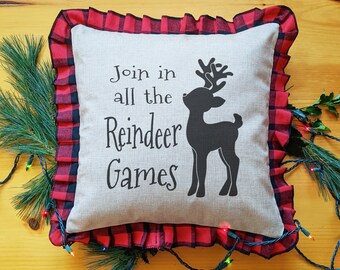 Christmas Pillow Cover with Reindeer, Farmhouse Style Hand Printed Throw Pillow Case, Rustic Faux Burlap and Buffalo Plaid, Reindeer Games