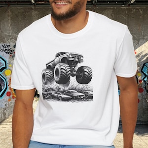 A Giant Monster Truck Crushing Cars in an Arena Ink Sketch Style Shirt, Dad Gift, Monster truck Fan, Trucking Crushing Fans, Fathers Day