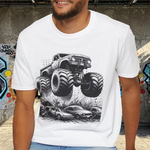 Monster Truck Flying with giant wheels, crushing cars in an arena, dust flying,  t-shirt-ready ink sketch style