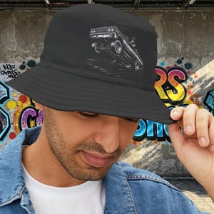 Vintage Lowrider Ink Drawing Bucket Hat, Classic Lowrider with Hydraulics Hopping, Car Lover, Old School Hip Hop Cholo Hat, Dad Gift