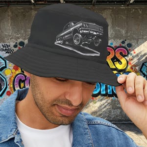 Vintage Lowrider Ink Drawing Bucket Hat, Classic Lowrider with Hydraulics Hopping, Car Lover, Old School Hip Hop Cholo Hat, Dad Gift