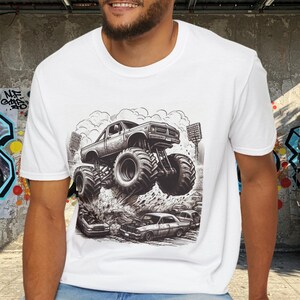 Monster truck with giant wheels, crushing cars in an arena, dust flying,  t-shirt-ready ink sketch style, Fathers Day
