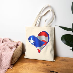 Puerto Rico Flag Heart Tote Bag, Cotton Canvas Grocery Shopping Beach Handbag, Boricua Pride Gift, Patriotic Shoulder Bag