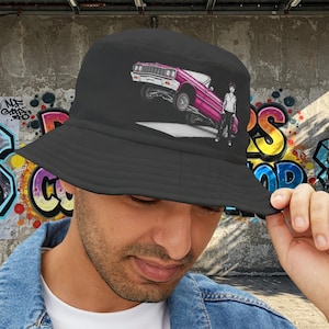 1964 Chevy Impala Hydraulics Lowrider Ink Drawing Bucket Hat - Old School Hip Hop Cholo Art Hat Design - Chicano Car Club Graphic Hat