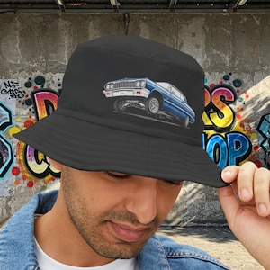 1964 Chevy Impala Hydraulics Lowrider Ink Drawing Bucket Hat - Old School Hip Hop Cholo Art Hat Design - Chicano Car Club Graphic Hat