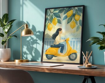 Lemon Wall Art Printable – Mediterranean Scooter Poster Digital Download Kitchen Decor