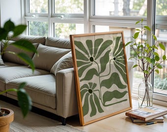 Póster floral bohemio verde, impresión botánica minimalista, decoración natural para el hogar, arte digital descargable