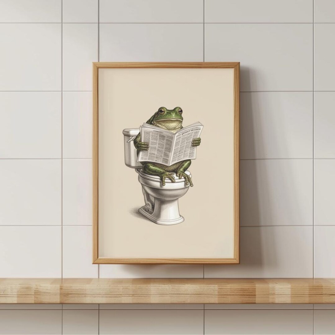 Funny Frog Bathroom Wall Art Printable | Vintage Frog on Toilet ...