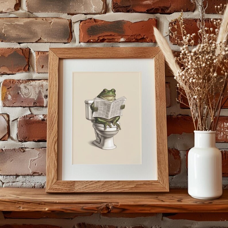 Funny Frog Bathroom Wall Art Printable | Vintage Frog on Toilet ...