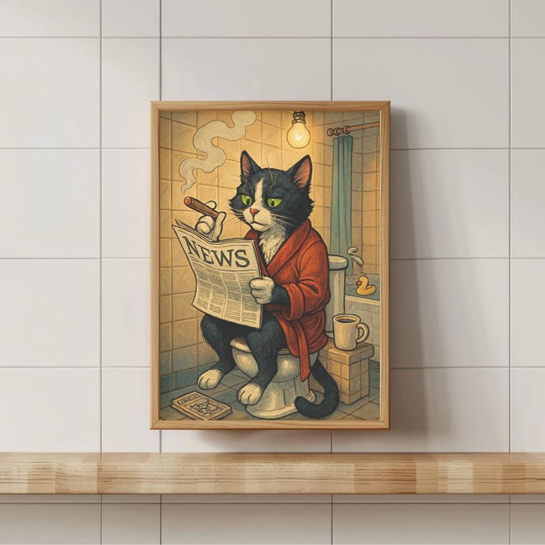 Funny Cat Bathroom Wall Art Printable | Vintage Cat on Toilet ...