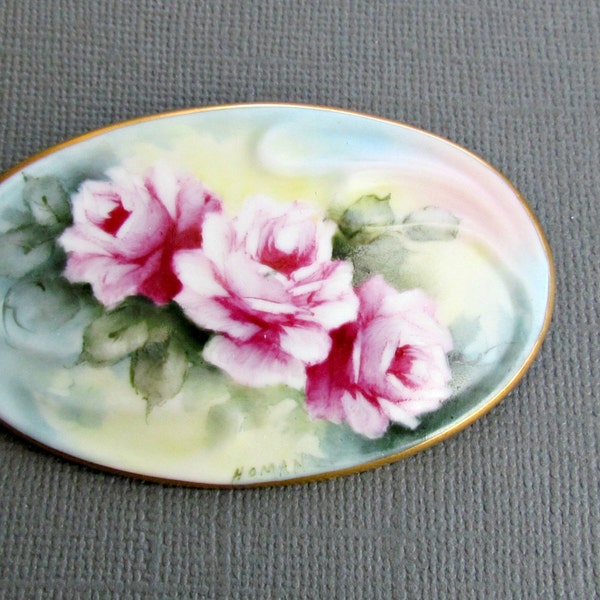 RESERVED Hand Painted German Porcelain Flower Pin Pink Roses