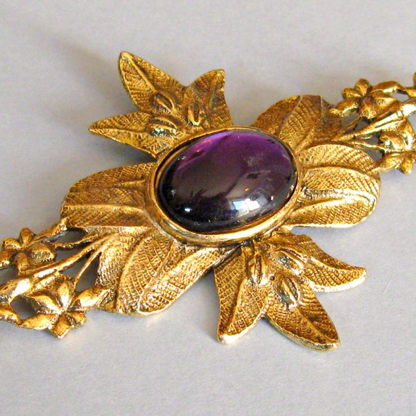 Vintage Les Bernard Gold Tone Art Nouveau Brooch Purple Glass Cabochon