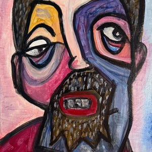 May include: An expressionist oil painting of a face with thick black outlines. The figure has a brown beard, a bright red mouth with visible teeth, and large eyes. The skin is rendered in shades of blue, pink, and yellow against a light background.
