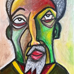 May include: An expressionist painting of a face featuring bold, thick black outlines. The figure has a gray textured cap and beard, with skin tones rendered in vibrant green, yellow, and brown. The eyes are large and white, and the lips are red.