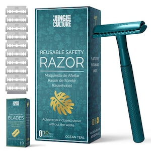 May include: Ocean teal reusable safety razor set with blades. The box reads "Jungle Culture" and "Reusable Safety Razor". The set includes a razor, a box of blades, and a box of 10 replacement blades. The razor is a teal color.