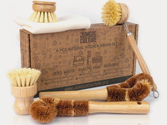 Set of 6 Bamboo Dish Brushes • Natural Kitchen Cleaning Brush Pack • Pots & Pan Scrubbing Plastic-Free Washing Up Starter Set