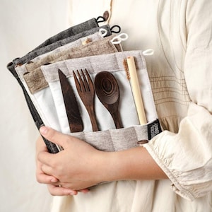 Wooden Cutlery Set • Dark Wood Utensils in Handmade Bag (100% Natural) • Travel Knife & Fork Set w Spoon, Straw and Cleaning Brush