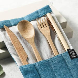 Wooden Cutlery Set • Bamboo or Dark Wood Utensils in Handmade Bag (100% Natural) • Travel Knife & Fork Set w Spoon, Straw and Cleaning Brush