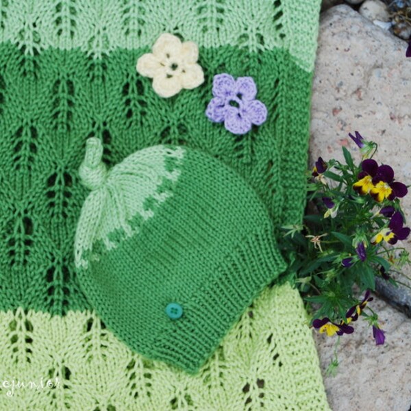 Eco friendly  blanket  hat set , natural shine cotton handknit  lace wrap in green shades colors Photo prop. Redy to ship from Colorado