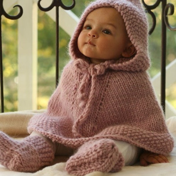 Knit baby poncho with hood in pink 3 to 6 months made of wool. Handmade in Colorado USA