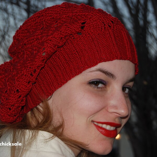 Hand knit women red beret Eco Fashion Slouchy cotton hat in dark red Lightweight lace Natural silky yarn Made in Colorado