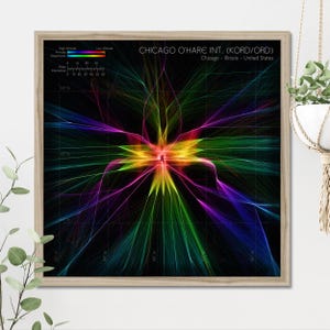 Chicago O'Hare detaillierte Airport Heat Map | KORD echte Flugzeugdaten Ankunft / Abflug Karte | Bunte ORD Luftfahrt Wandkunst