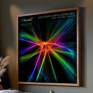 Amsterdam Schiphol detaillierte Airport Heat Map | EHAM echte Flugzeugdaten Ankunft / Abflug Karte | Bunte AMS Luftfahrt Wandkunst