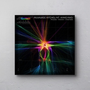 Könnte beinhalten: Abstrakter Kunstdruck mit farbenfrohen Flugrouten vom Milwaukee Mitchell International Airport (MKE). Das Kunstwerk verwendet ein Farbspektrum auf schwarzem Hintergrund, mit Text, der den Namen und den Standort des Flughafens angibt.