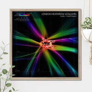 London-Heathrow detaillierte Airport Heat Map | EGLL reale Flugzeugdaten Ankunft / Abflug Karte | Farbenfrohe LHR Luftfahrt Kunst