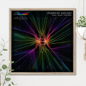 Carte détaillée du trafic à l'aéroport d'Atlanta Hartsfield-Jackson | Carte des arrivées/départs des données d'avion réelles KATL | Art mural aviation ATL coloré