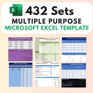Op de afbeelding: Een verzameling van zes Microsoft Excel-spreadsheet-sjablonen voor zakelijk en financieel gebruik. De sjablonen omvatten een financiële salarisverdelingsdata-analyse, een kasstroomoverzicht, een maandelijkse winst- en verliesrekening, een verkoopcommissiecalculator, een gedisconteerde kasstroomoverzicht en een maandelijkse kasstroomoverzicht.