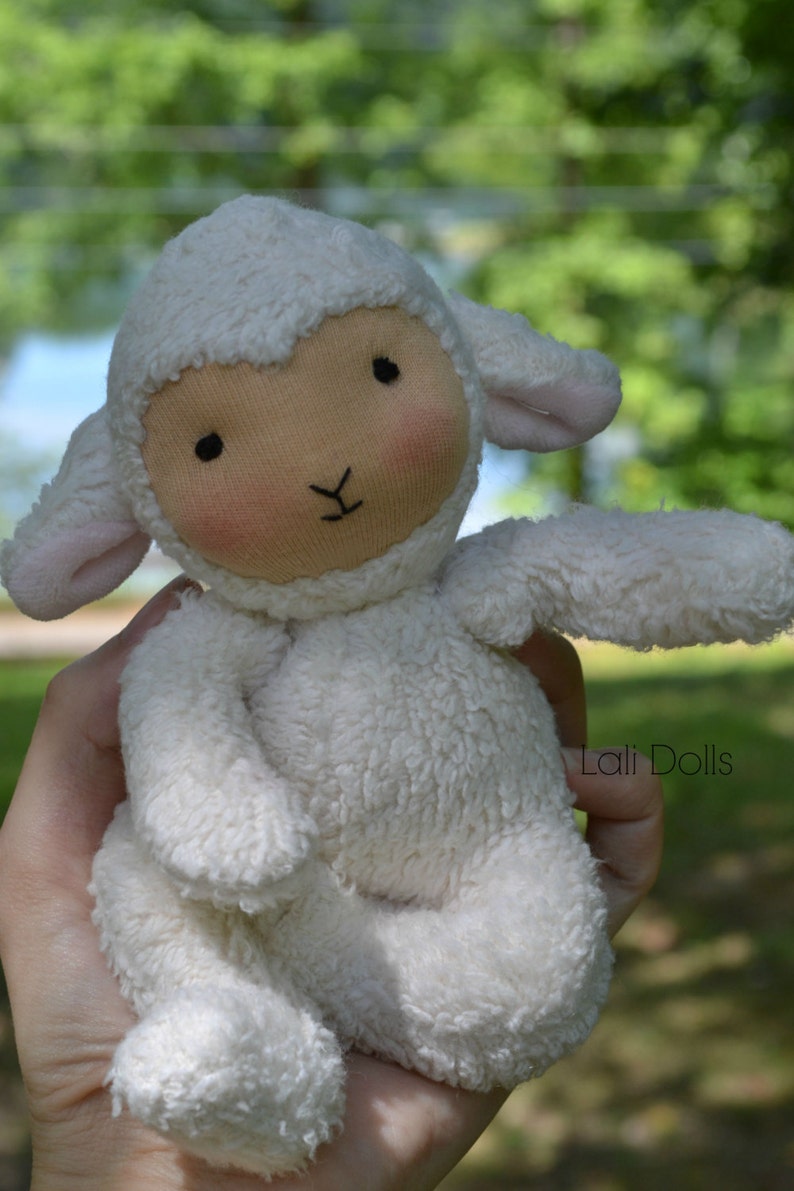 Puede incluir: Un mu&ntilde;eco de peluche de cordero blanco con una textura suave y peluda. El mu&ntilde;eco tiene una expresi&oacute;n dulce e inocente con ojos negros y una peque&ntilde;a nariz rosa. El mu&ntilde;eco est&aacute; siendo sostenido en una mano, y el fondo est&aacute; desenfocado.