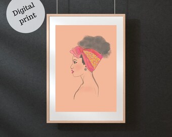 Woman Portrait Art Print, Headscarf Illustration (PDF Print)