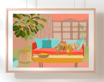 Tiger im Wohnzimmer Illustration Druck, Home Decor (Digitaler Download)