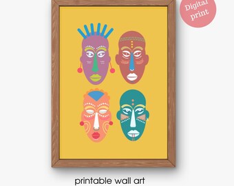 AFRICAN MASKS ART, Printable African mask illustration,  Digital print ,African wall art Print,  home decor print, Pdf  tribe mask print