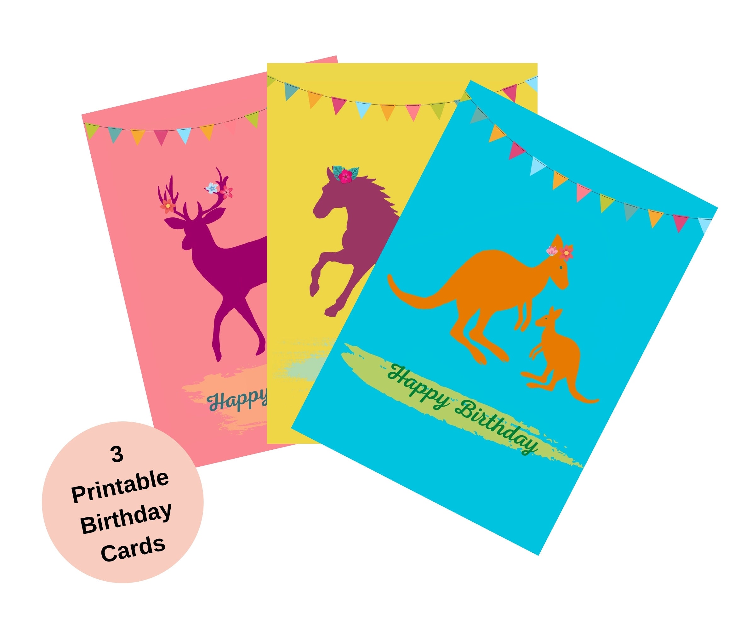 3 printable birthday card Animal illustration | Etsy