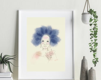 Woman Portrait Art Print, Floral Illustration (Digital Download)