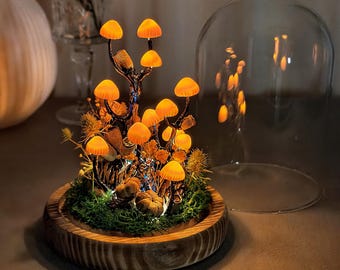Pomarańczowa, ręcznie robiona lampa w kształcie grzyba | Wystrój Whimsigoth | Wystrój sypialni | Lampa w stylu art déco | Cottagecore