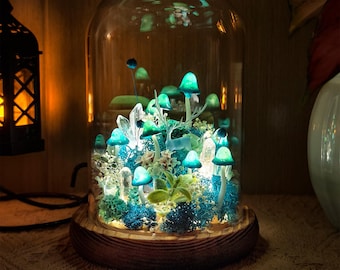 Glowing Blue Mushroom Crystal Lamp with Miniature Deer - Enchanted Forest Night Light -Handmade Fairy Garden Gift for Her