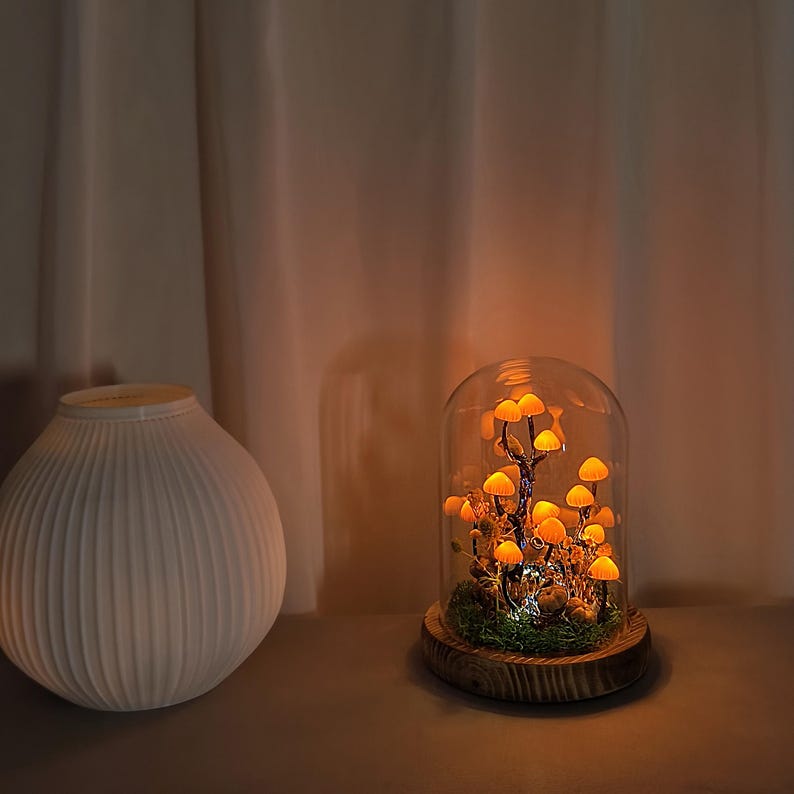 May include: A decorative glass cloche with illuminated orange mushroom lights on a wooden base. The mushrooms are clustered together, creating a warm, inviting glow. A white, ribbed vase is to the left.
