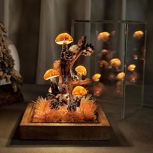 May include: A decorative illuminated mushroom sculpture. The sculpture features glowing orange mushroom caps on a wooden branch, set in a wooden base with dried foliage. The piece is enclosed in a clear acrylic display case.